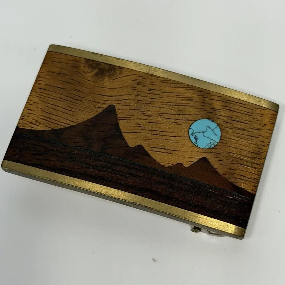 Kenneth Reid Belt Buckle Brass Turquoise Wood Inlay Night Mountains 1.75 x 3